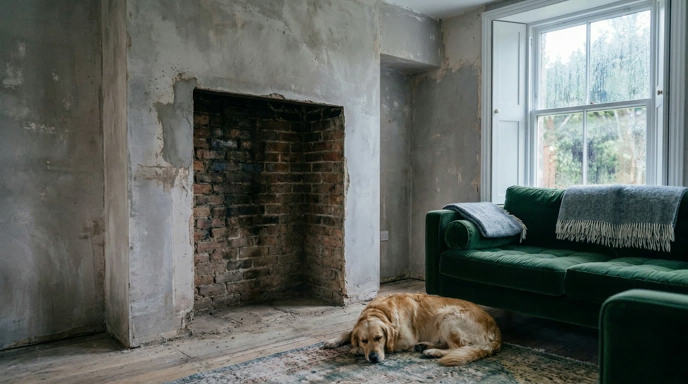 A bare, stripped chimney breast in a living room, waiting for its fireplace